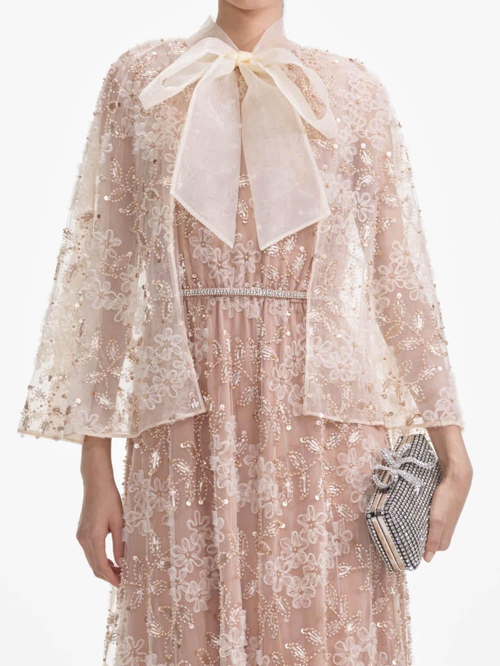 Self-Portrait EMBELLISHED CAPE MAXI DRESS with Bow Neck - Picture 5 of 9
